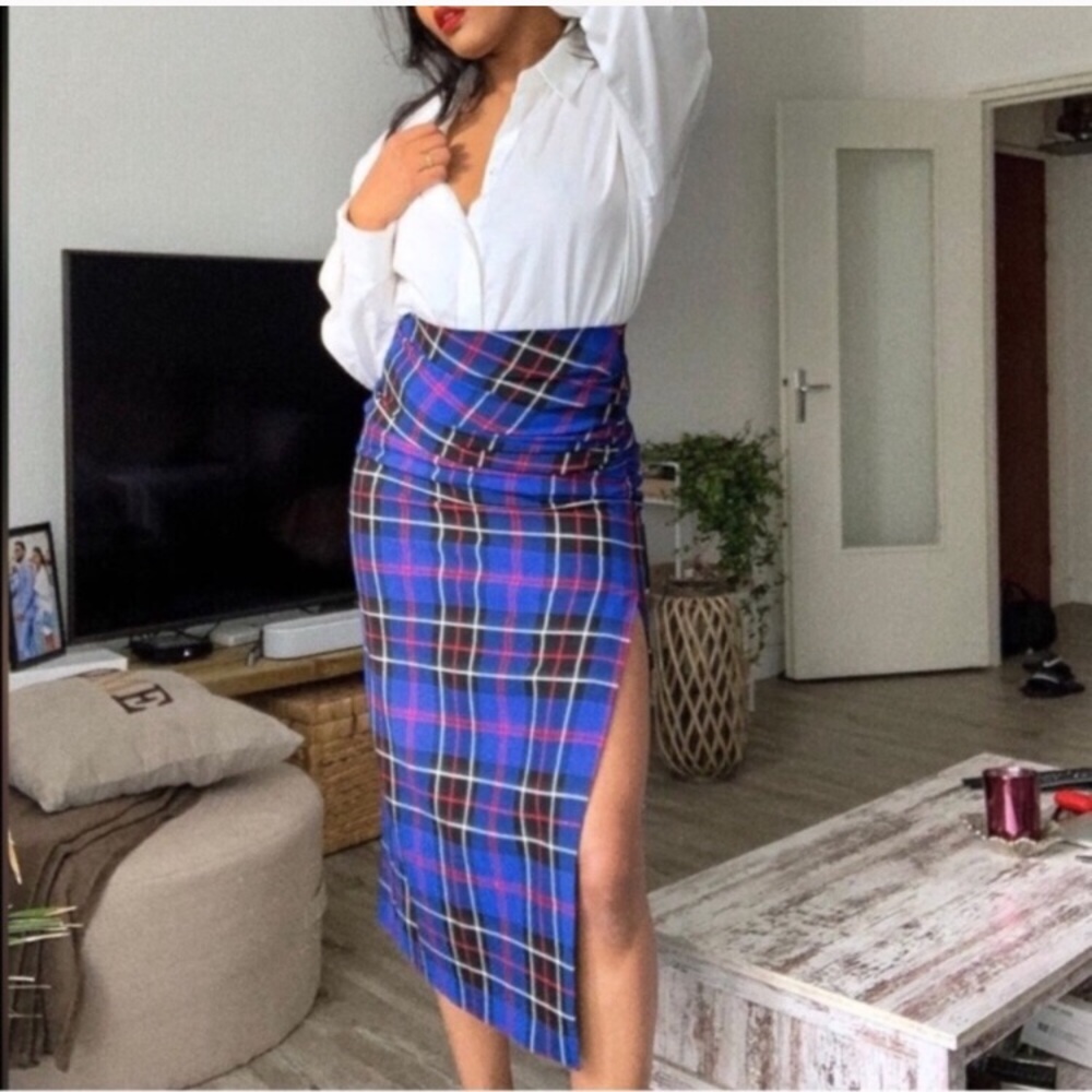 Zara Blue Plaid Midi Skirt Size XXL 2XL * - Picture 3 of 8